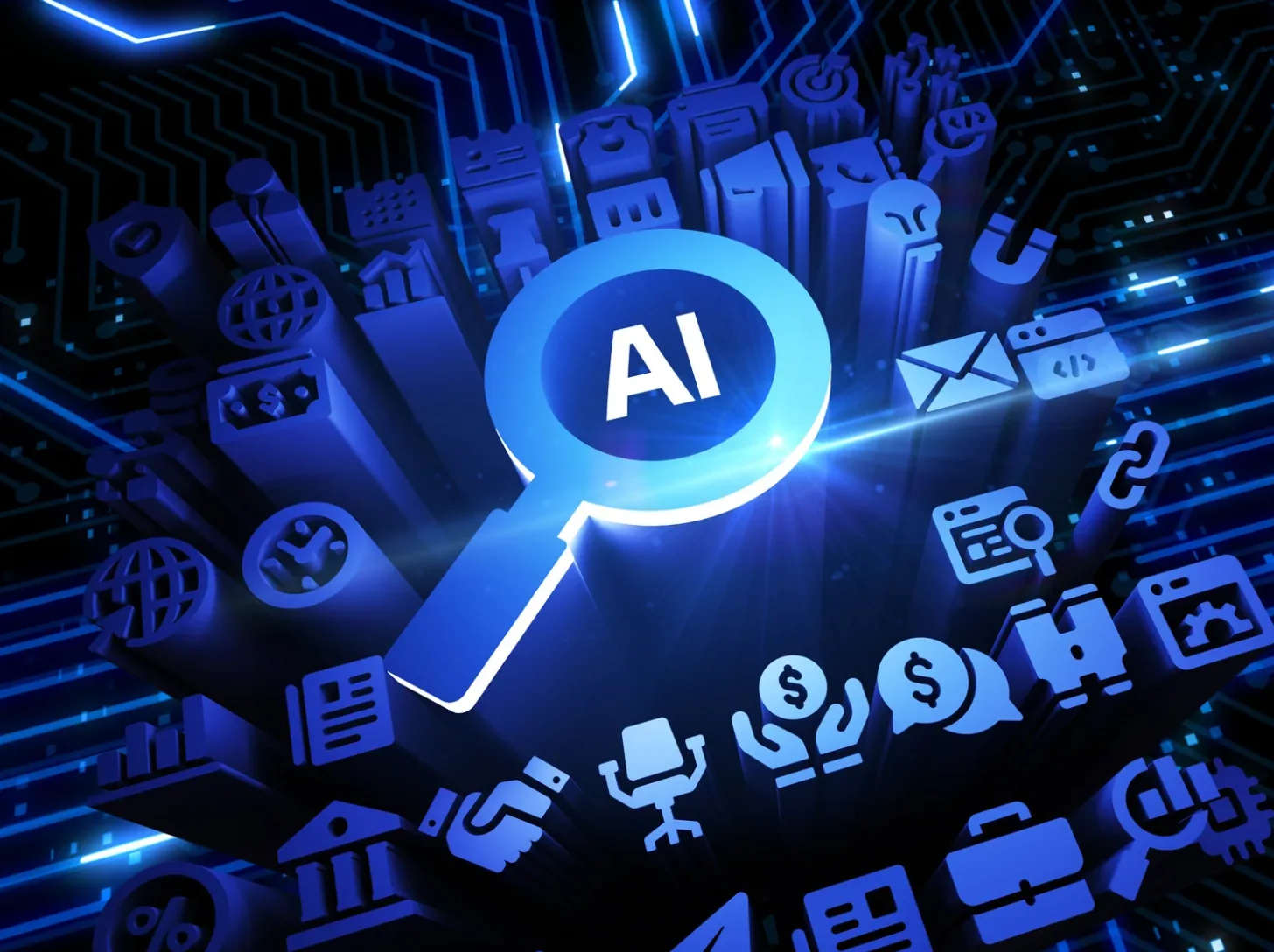 AI-powered search and prompt concept graphic with business icons