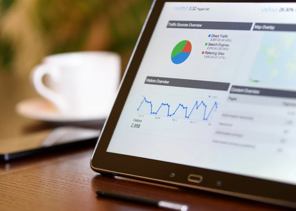 Tablet showing a traffic and visitors analytics dashboard