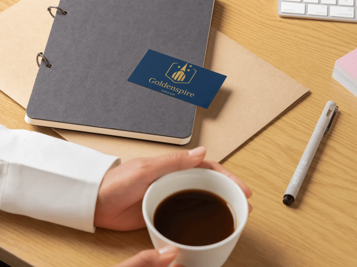 Goldenspire Group business card on a desk next to a cup of coffee