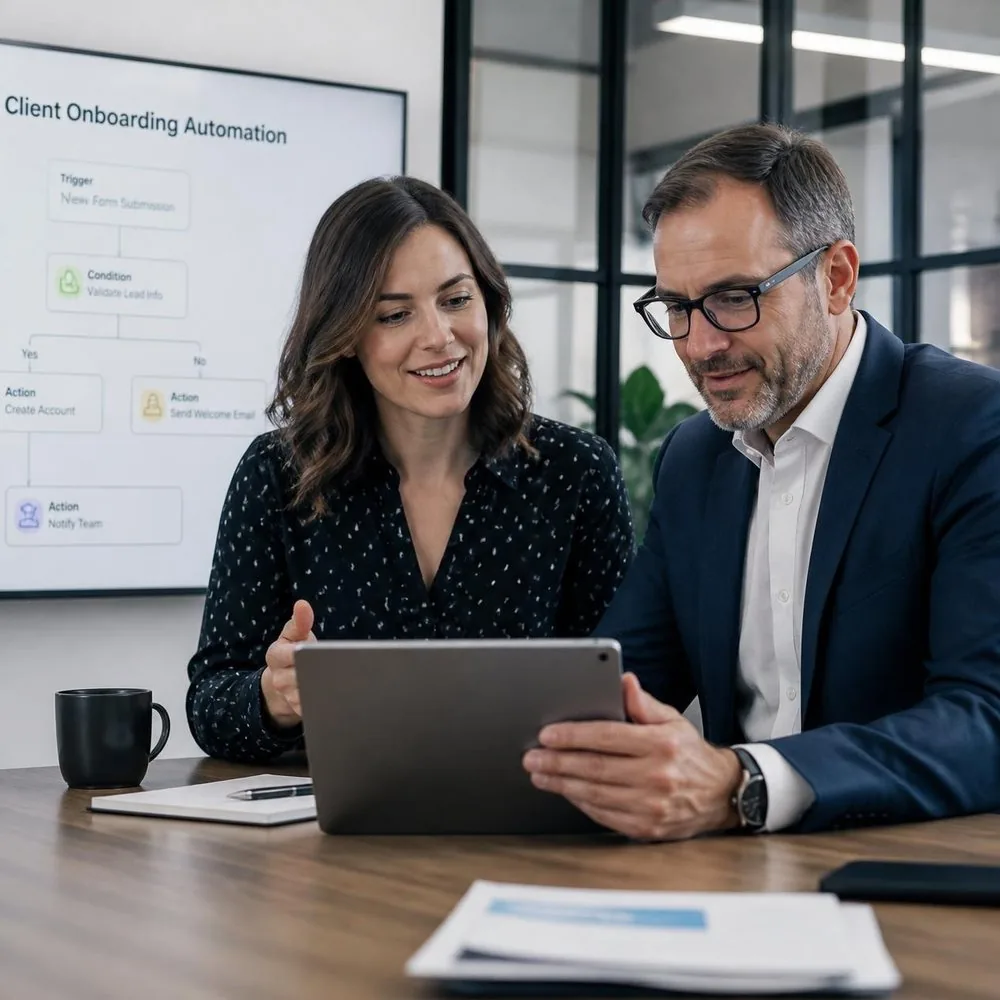 Consultant and client reviewing an automation workflow together on a tablet