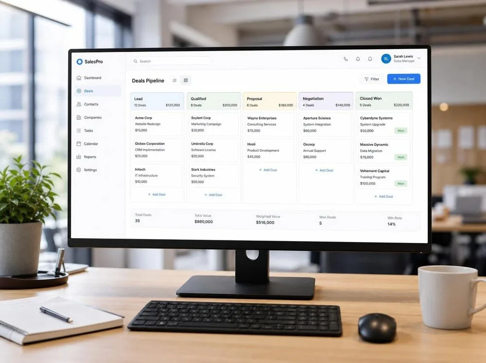 Sales pipeline kanban board on a widescreen monitor