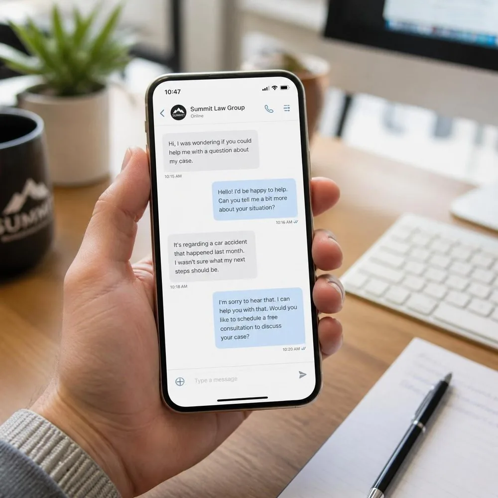 Hand holding a smartphone showing an automated customer follow-up text conversation