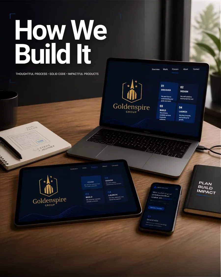 Goldenspire Group product mockups across laptop, tablet, and phone
