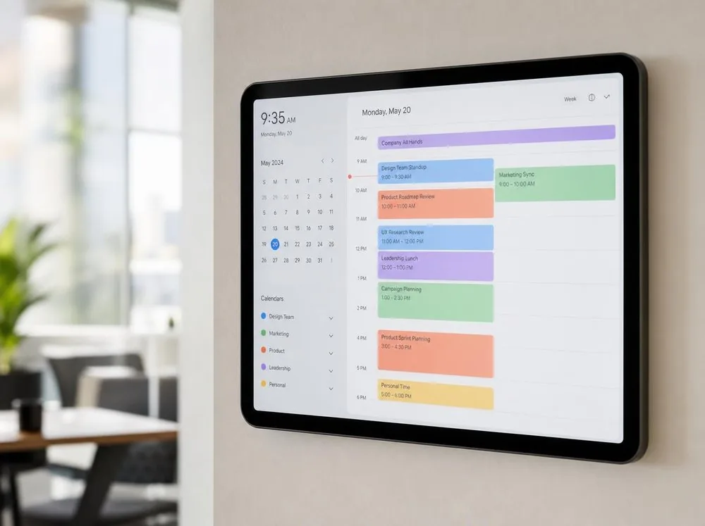 Color-coded scheduling and dispatch calendar board on a wall-mounted tablet