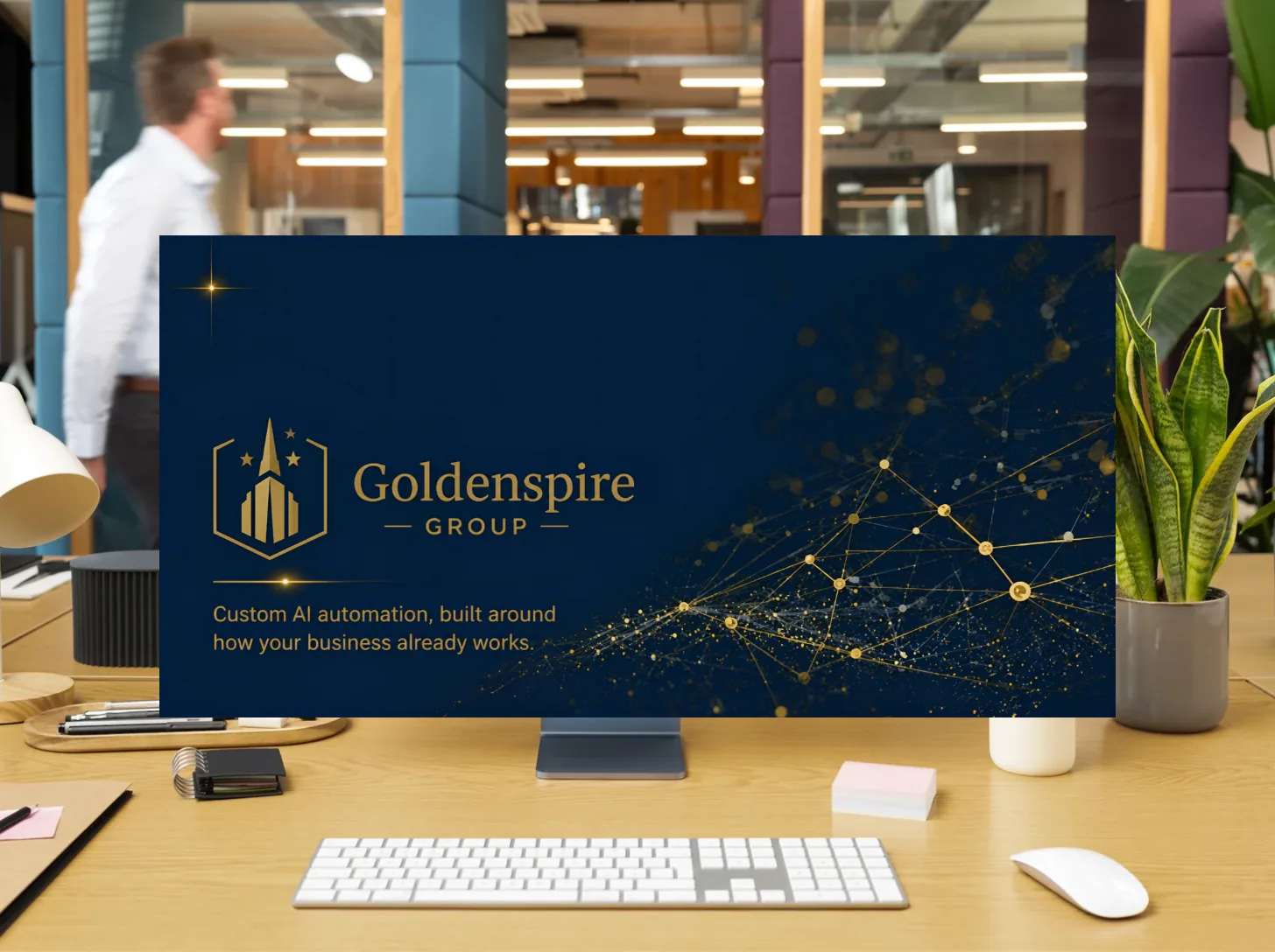 Desktop monitor on an office desk displaying a Goldenspire Group systems dashboard